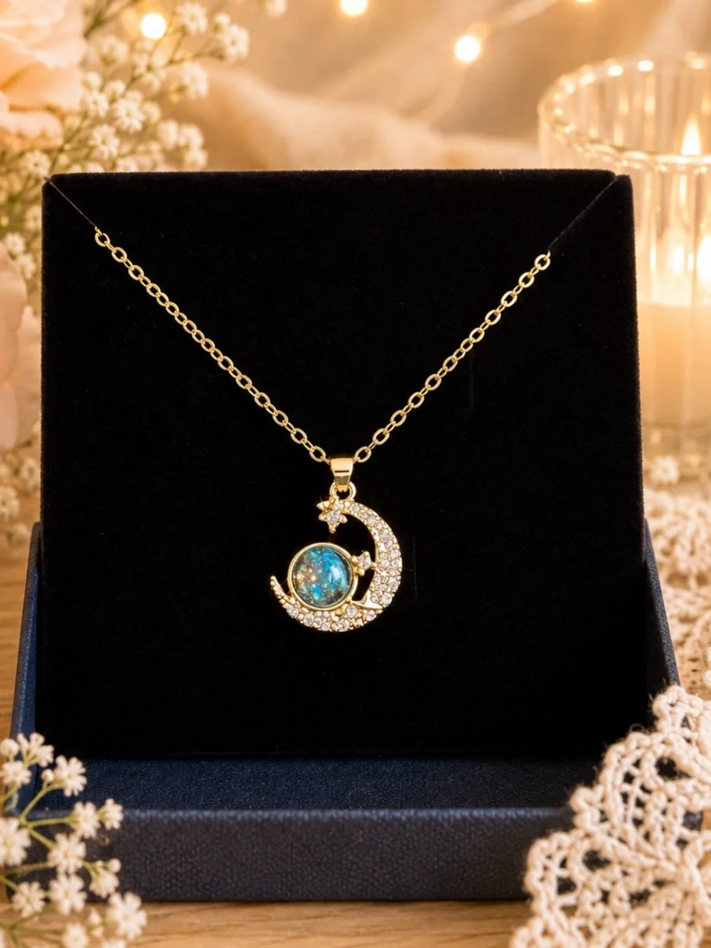 Gold-Plated Crescent Moon & Blue Opal Pendant Necklace - Women Jewelry